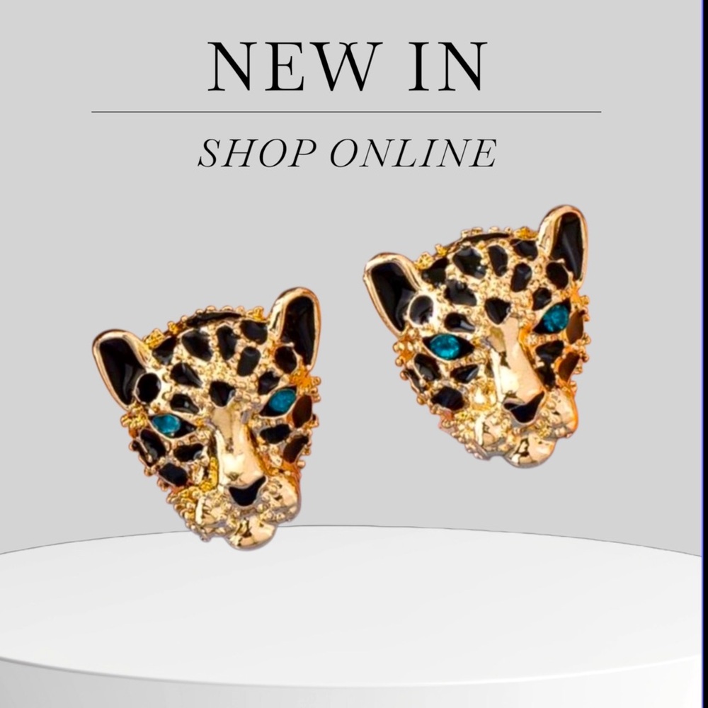 ✨NEW Hypoallergenic Gold Leopard Head Stud Earrings with Teal Accents
